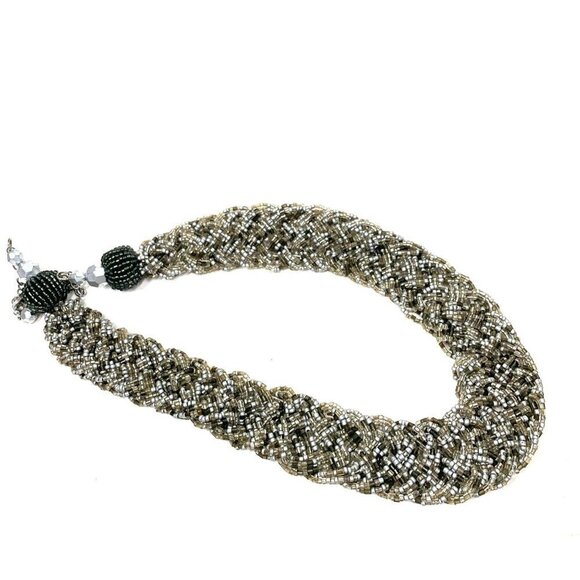 Braided Rope Style Seed Bead Necklace Silver Grey Ivory Lobster Clasp 24"L - Picture 5 of 5